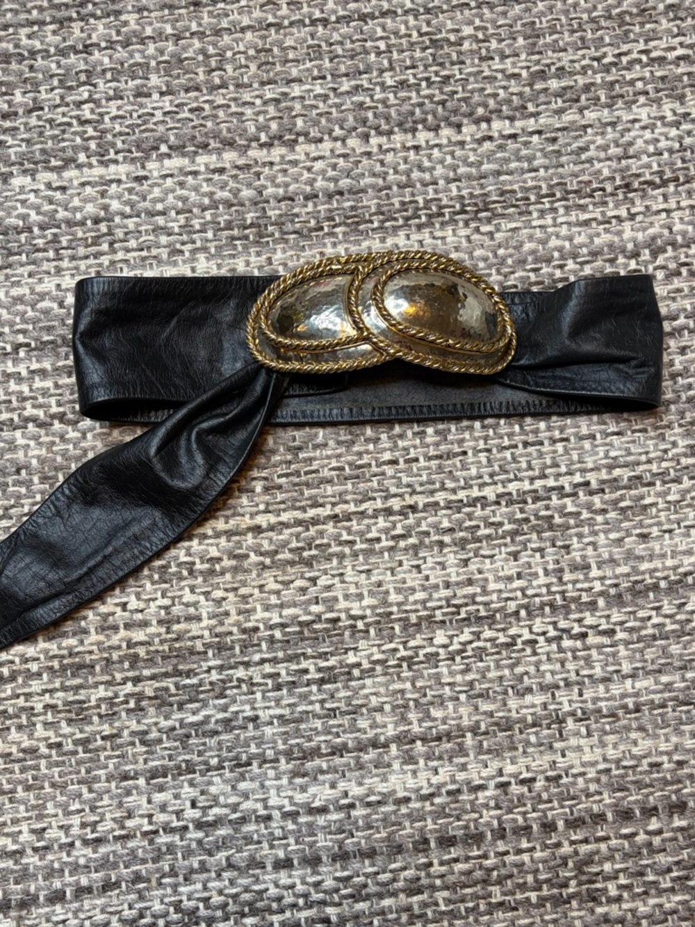Vintage Black Leather Wrap Belt with Heavy Gold Accent Buckle